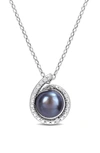 Delmar Sterling Silver 8-8.5mm Black Freshwater Pearl & Diamond Pendant Necklace In Black