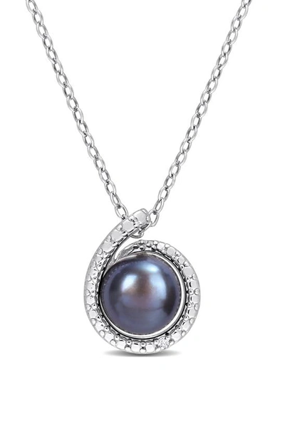 Delmar Sterling Silver 8-8.5mm Black Freshwater Pearl & Diamond Pendant Necklace