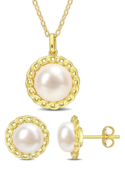 Delmar Sterling Silver 8-9.5 Cultured Freshwater Pearl Stud Earrings & Necklace Set In White