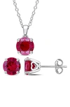 DELMAR STERLING SILVER SOLITAIRE CREATED RUBY STUD EARRINGS & NECKLACE