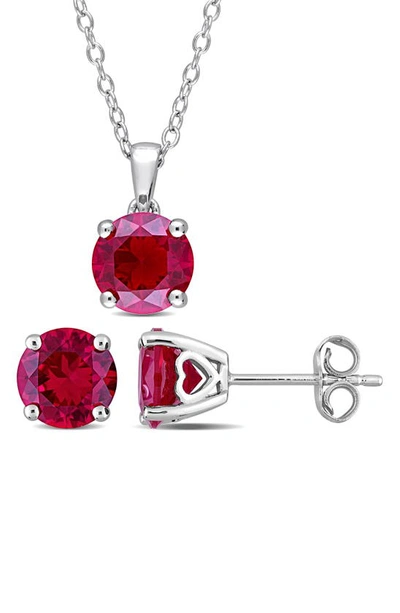 Delmar Sterling Silver Solitaire Created Ruby Stud Earrings & Necklace In Red