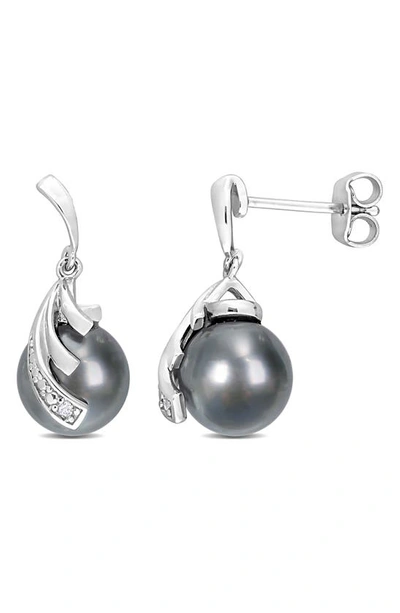 Delmar Sterling Silver 8-9mm Black Tahitian Cultured Pearl Diamond Earrings