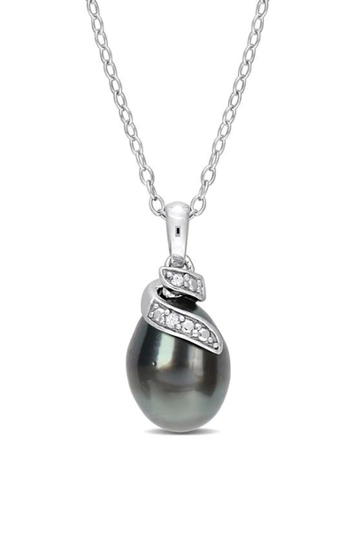 Delmar Sterling Silver 8-9mm Black Tahitian Cultured Freshwater Pearl Diamond Necklace