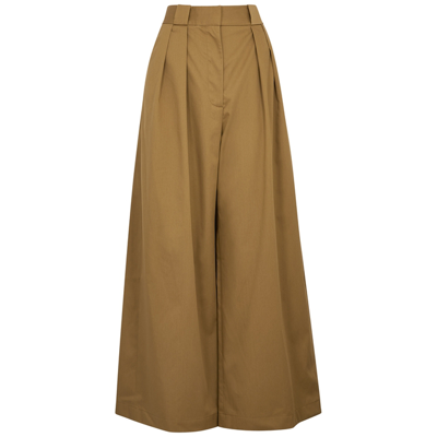 Khaite Rico Pleated Cotton-twill Wide-leg Trousers In Khaki