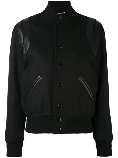 Saint Laurent Teddy Leather-trimmed Wool-blend Bomber Jacket In Black