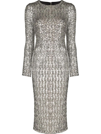 Dolce & Gabbana Silver Sequinned Long Sleeve Midi Dress In Argento