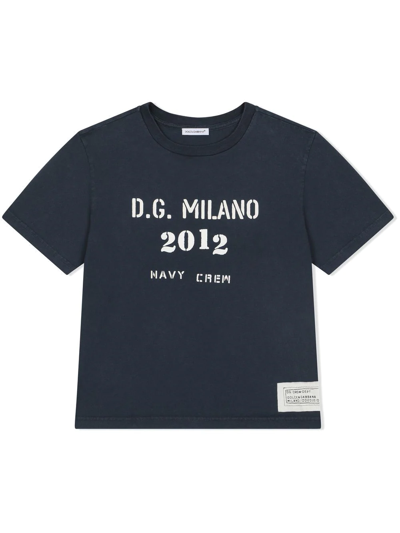 Dolce & Gabbana Kids' Navy-slogan-print Logo T-shirt In Blue