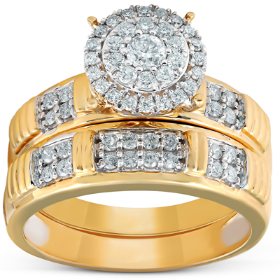 Pompeii3 3/4 Ct Halo Diamond Engagement Wedding Ring Set 10k Yellow Gold
