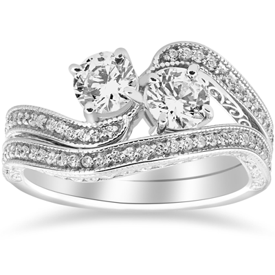 Pompeii3 1 1/2ct Two Stone Forever Us Vintage Diamond Engagement Wedding Ring Set 14k Whi In Silver