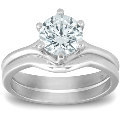 Pompeii3 1 Ct Round Diamond Engagement Ring Wedding Plain Band Set 14k White Gold In Silver