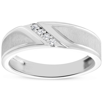 Pompeii3 Mens 1/10ct White Gold Diamond Ring Flat Classic Bushed Wedding Anniversary Band In Silver