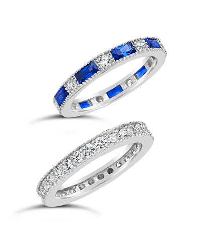 Sterling Forever Sterling Silver Sapphire Blue Cz Stacking Ring Set Of 2 In White