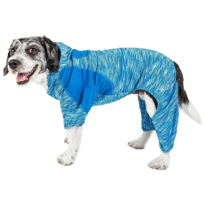 Pet Life Active 'downward Dog' 4-way-stretch Fitness Yoga Dog Tracksuit Hoodie In Blue