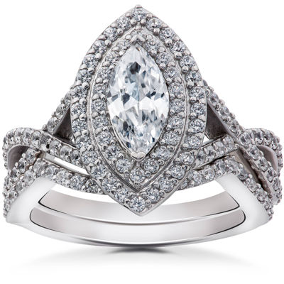 Pompeii3 2 3/8 Ct Marquise Diamond Engagement Double Halo Ring Set 14k White Gold In Silver