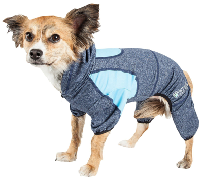 Pet Life Active 'fur-breeze' Medium-weight 4-way-stretch Full Body Hooded Dog Yoga Sweater In Blue