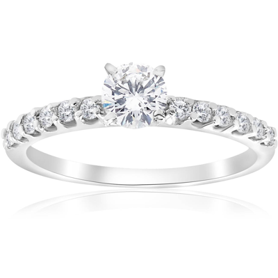 Pompeii3 0.80ct Round Cut Diamond Halo Engagement Ring 14k White Gold Enhanced In Silver