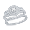 Simona Sterling Silver Round Double Halo Baguette Cz Side Stones Engagement Ring Set