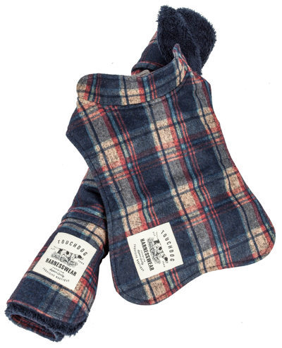 Touchdog 2-in-1 Tartan Plaid Dog Jacket And Matching Reversible Dog Mat In Blue