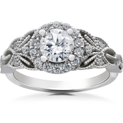 Pompeii3 1 1/5 Ct Vintage Halo Diamond Antique Floral Engagement Ring 14k White Gold In Silver