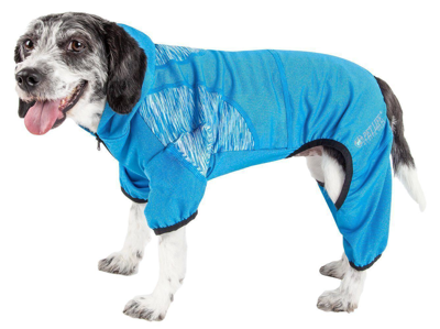 Pet Life Active 'pawsterity' Mediumweight 4-way-stretch Yoga Fitness Dog Tracksuit Hoodie In Blue