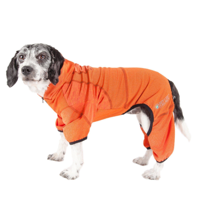 Pet Life Active 'pawsterity' Mediumweight 4-way-stretch Yoga Fitness Dog Tracksuit Hoodie In Orange