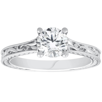 Pompeii3 1ct Solitaire Round Cut Vintage Diamond Engagement Ring 14k White Gold In Silver