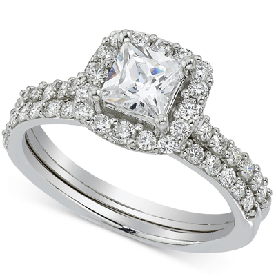 Pompeii3 2 Ct Princess Cut Halo Diamond Engagement Ring Wedding Set 14k White Gold In Silver