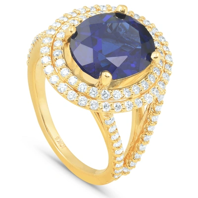 Pompeii3 6 1/5 Ct Huge Diamond Oval Blue Sapphire Diamond Double Halo Ring Yellow Gold