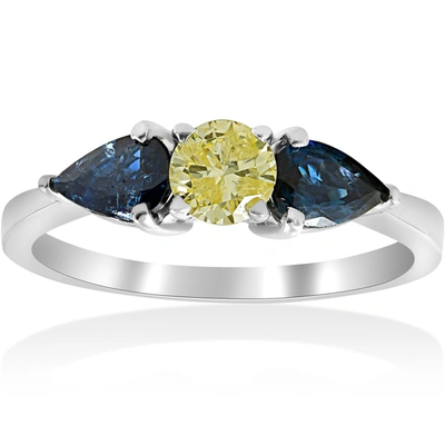 Pompeii3 1ct 3-stone Yellow Diamond Pear Shape Blue Sapphire Engagement Ring 14k Gold In Multi