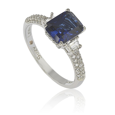Suzy Levian Sterling Silver Sapphire & Diamond Accent 3cttw Emerald Cut Bridal Ring In Blue