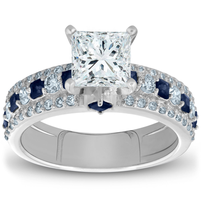 Pompeii3 2 1/2ct Princess Cut & Blue Sapphire Diamond Engagement Ring 14k White Gold In Silver