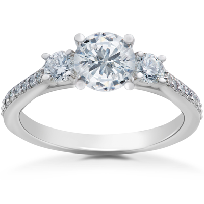Pompeii3 1 Ct Round Diamond 3-stone Lab Grown Eco Friendly Engagement Ring 14k White Gold In Silver