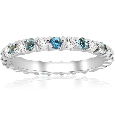 Pompeii3 1ct Diamond & Aquamarine Eternity Ring Common Prong 14k White Gold Stackable In Silver