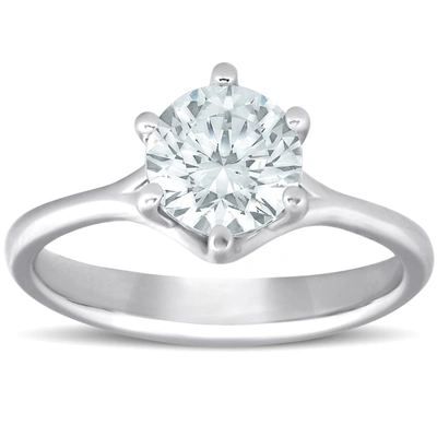 Pompeii3 1 Ct Round Diamond Engagement Six Prong Solitaire Ring 14k White Gold Enhanced In Silver