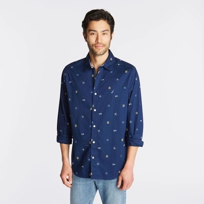 Nautica Mens Big & Tall Classic Fit Stretch Oxford Shirt In Maritime Icon Print In Blue