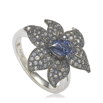 Suzy Levian Sterling Silver Sapphire And Diamond Accent Exotic Flower Ring In Blue