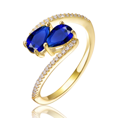 Genevive Sterling Silver 14k Gold Plated And Sapphire Cubic Zirconia Bypass Engagement Ring In Blue