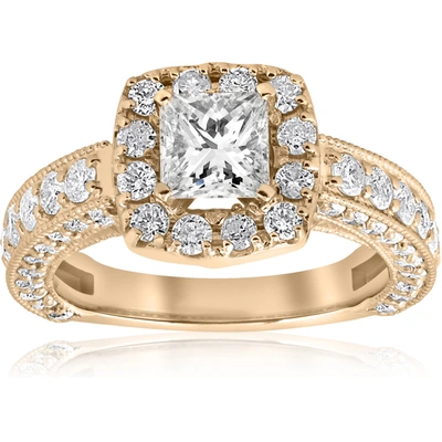 Pompeii3 2 1/2ct Princess Cut Diamond Engagement Ring Cushion Halo 14k Yellow Gold In White