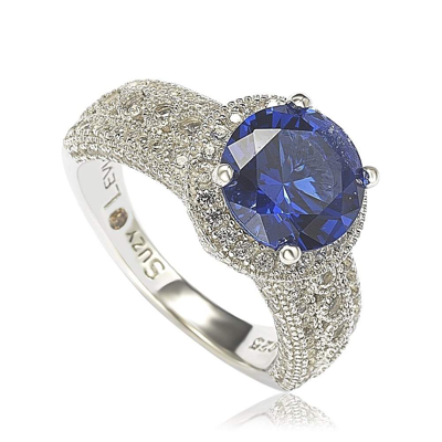 Suzy Levian Sterling Silver Round-cut Blue Sapphire & Diamond Accent Ring