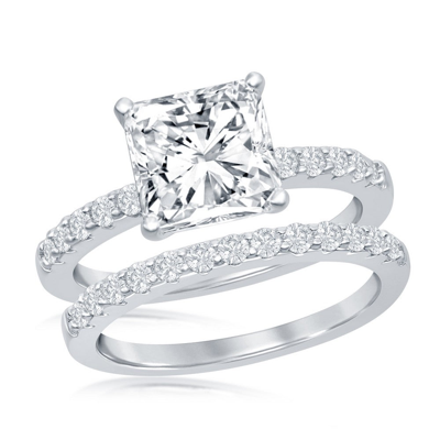 Simona Sterling Silver Princess-cut Half Cz Band Engagement Ring Set