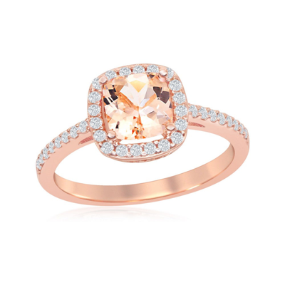 Simona Sterling Silver Square Morganite Cz With White Cz Border Ring - Rose Gold Plated In Pink