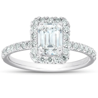 Pompeii3 1 1/2 Ct Emerald Cut Diamond Halo Engagement Ring 14k White Gold In Silver