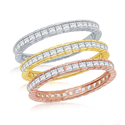 Simona Sterling Silver Tri-color Channel-set Baguette Cz Eternity Triple Band Ring