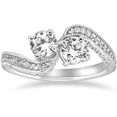 Pompeii3 1 Ct Two Stone Forever Us Vintage Diamond Engagement Ring 14k White Gold In Silver