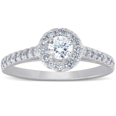 Pompeii3 3/4 Ct Halo Round Lab Grown Ex3 Diamond Engagement Halo Ring 10k White Gold In Silver