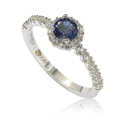 Suzy Levian Sterling Silver Sapphire (0.54cttw) & Diamond Accent Petite Bridal Ring - Blue - 7