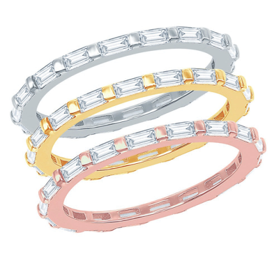 Simona Sterling Silver Tri-color Baguette Cz And Beaded Eternity Triple Band Ring - Size 8
