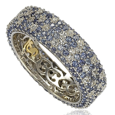 Suzy Levian Sterling Silver 5 1/3ct Tgw Sapphire And Diamond Accent Eternity Pave Ring In Blue