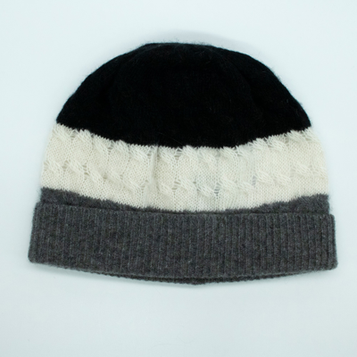 Portolano Cashmere Striped  Hat With Cables In Black