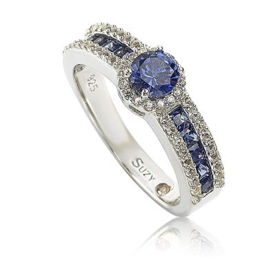 Suzy Levian Sterling Silver Blue Sapphire & Diamond Accent Princess-cut Bridal Ring